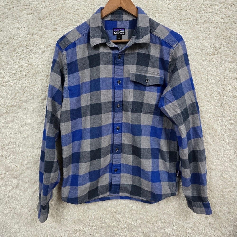 Patagonia Fjord Flannel Shirt Mens Small Blue Gray Plaid Organic Cotton‎ Outdoor